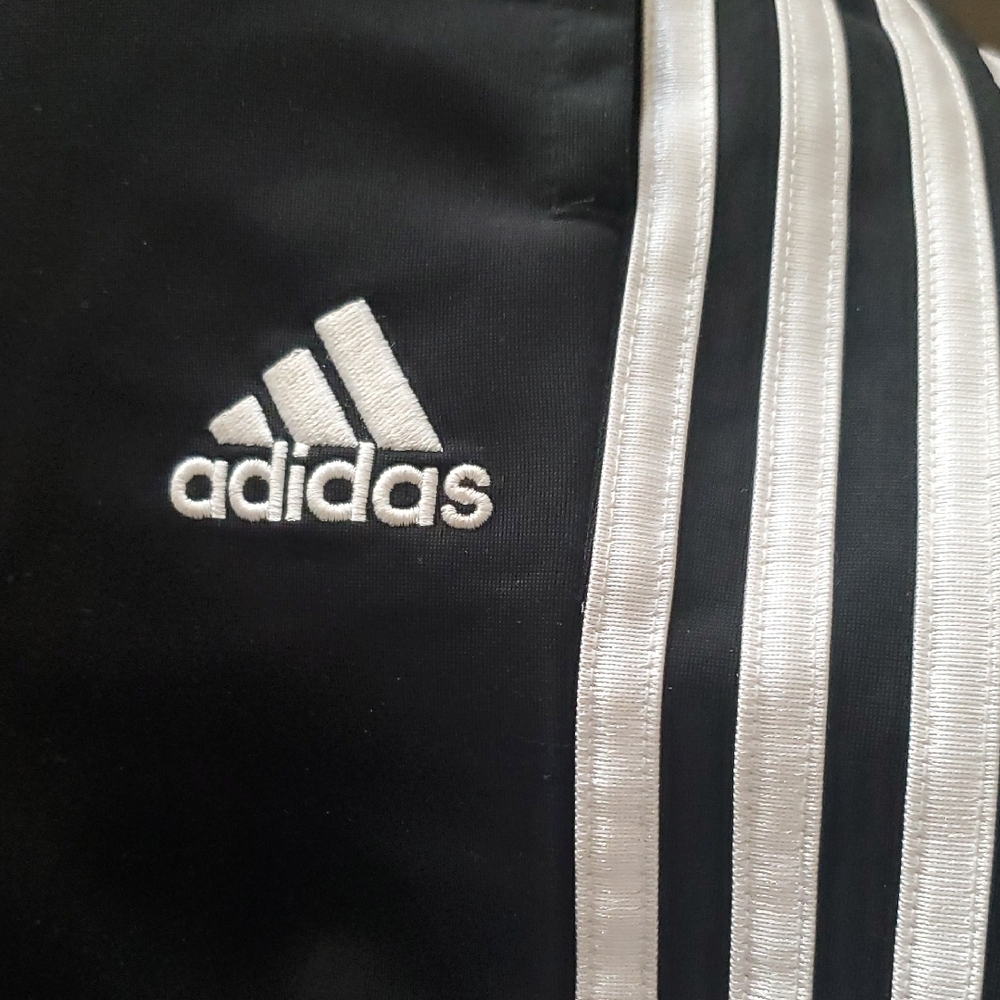 Adidas Boys 14/16 Slick Polyester Black With 3 White Stripes Jogger Pants - Picture 3 of 8